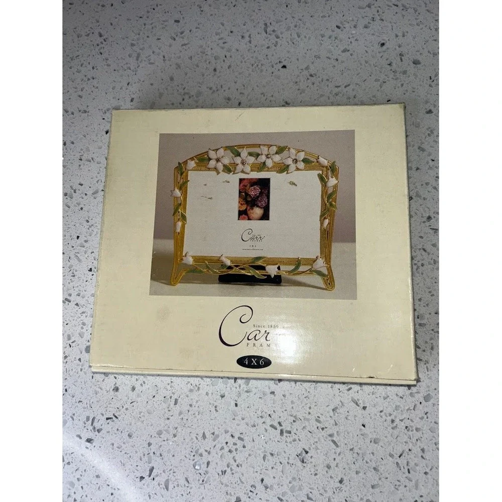 Carr Frames Gold Tone Enamel Floral‎ 4x6 Picture Frame Crystal Accents C70064